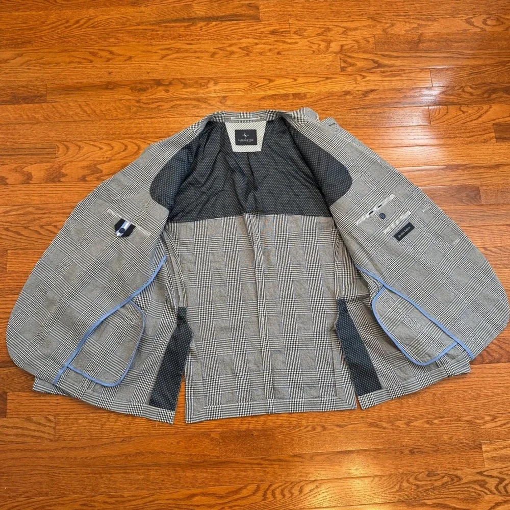 Tailorbyrd Blazer Mens 46R Gray Blue Glen Plaid Stretch Unstructured Textured